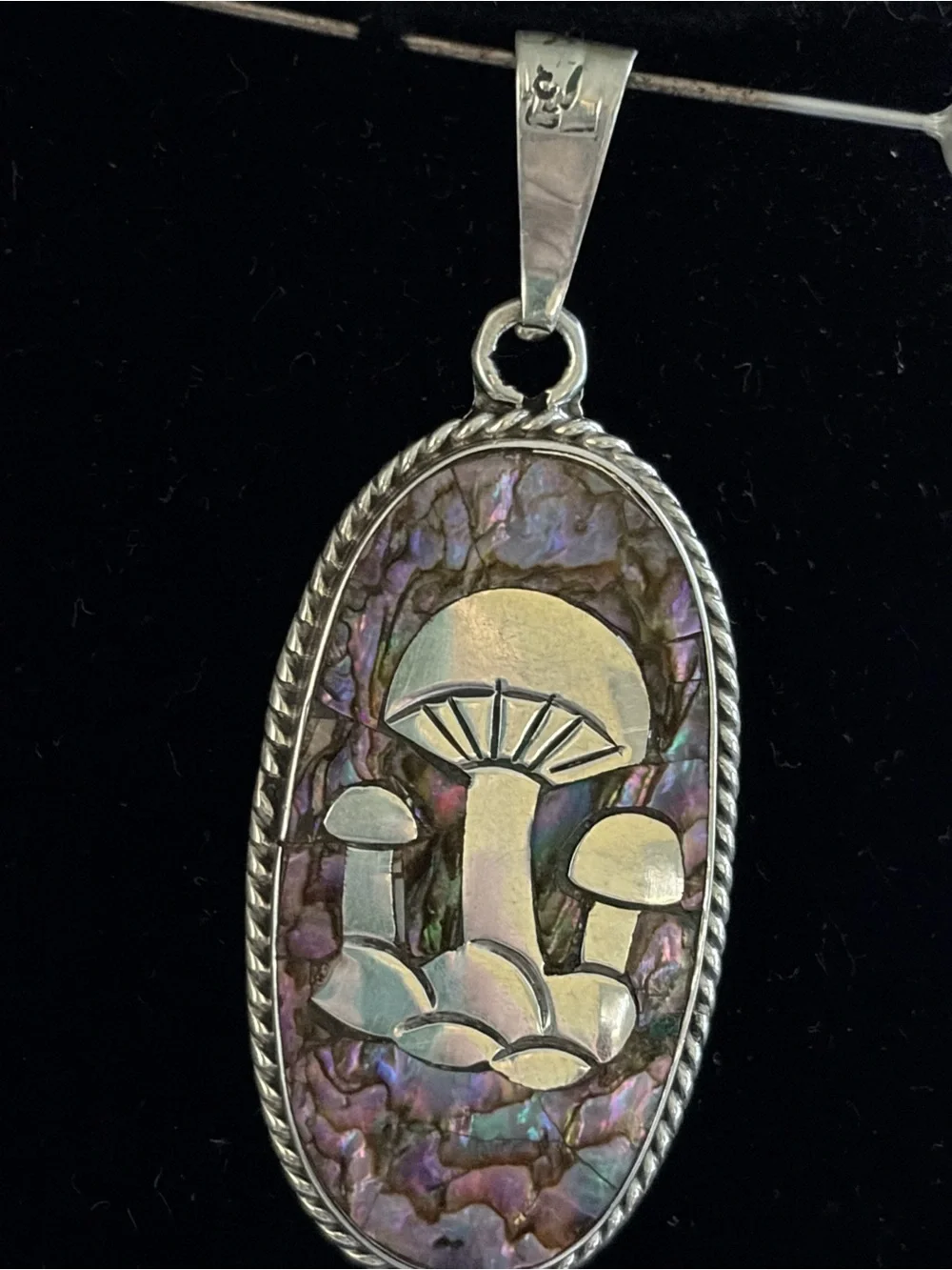 Taxco Sterling Silver Abalone Mushroom Pendant - Iridescent Purple and Green